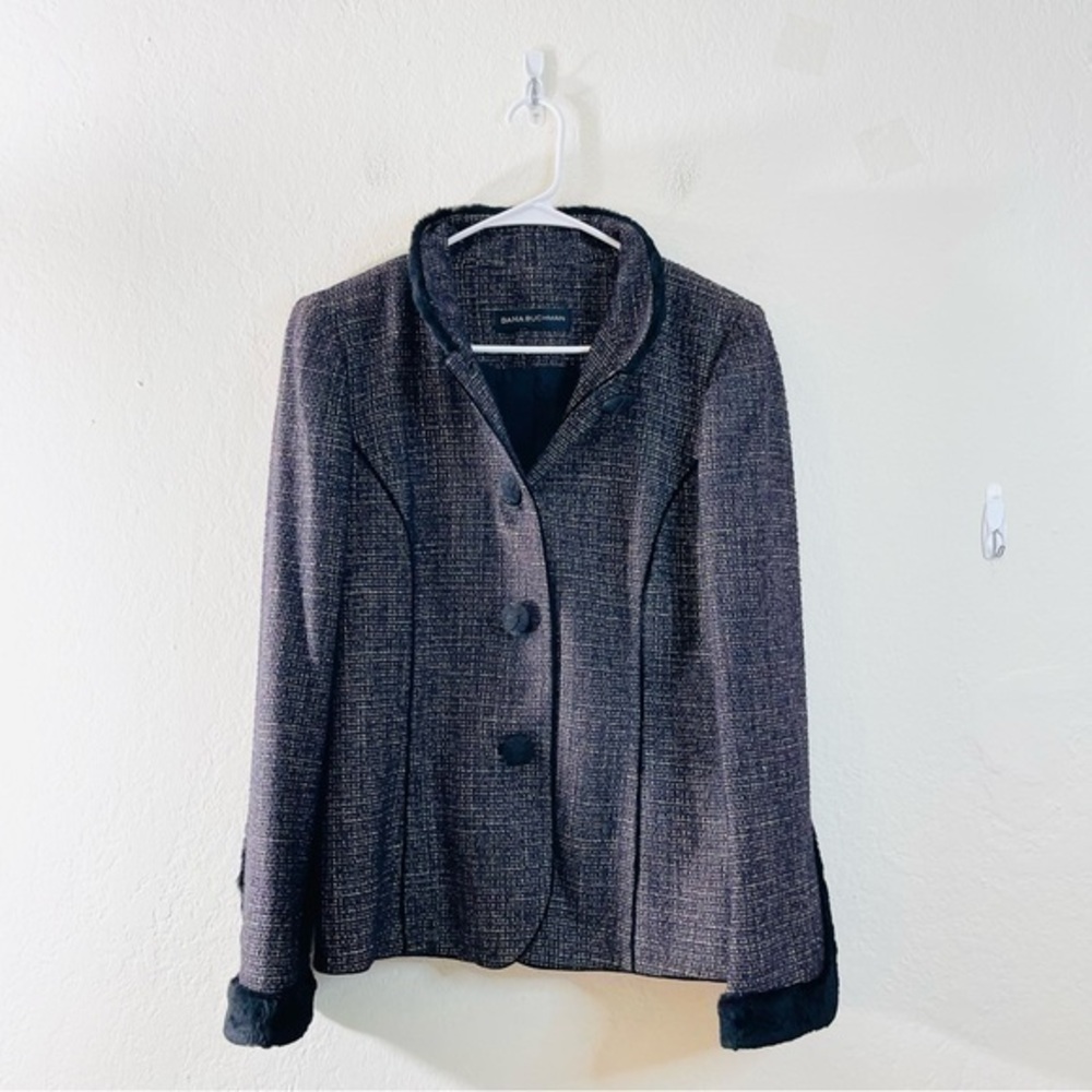 Dana Buchman Faux Fur Neckline Tweed Blazer Jacket Size 12 Multi Color